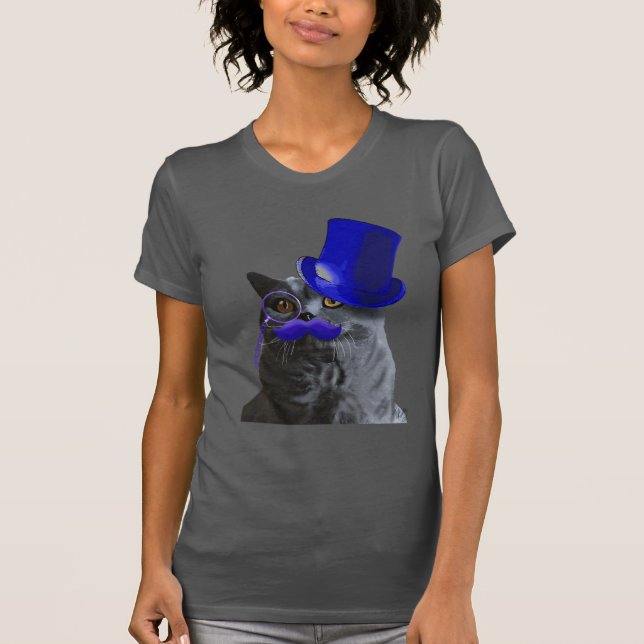 T-shirt Chat gris avec chapeau bleu et moustache bleue (Devant)