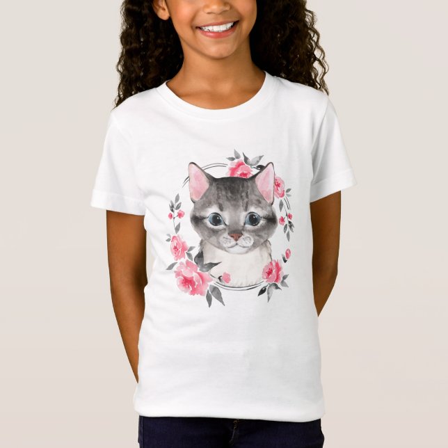 T-Shirt Chat gris avec des fleurs. Aquarelle (Devant)