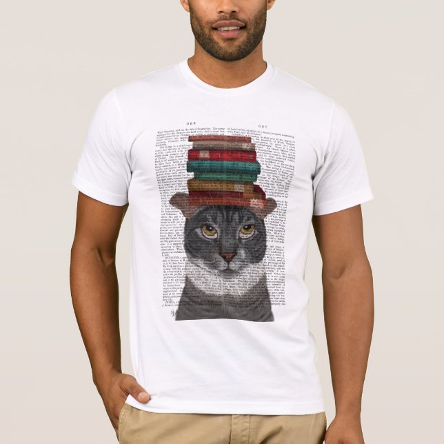 T-shirt Chat gris avec des livres sur la tête (Devant)