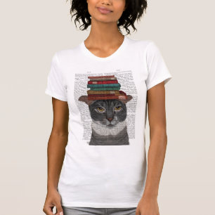 T-shirt Chat gris avec des livres sur la tête