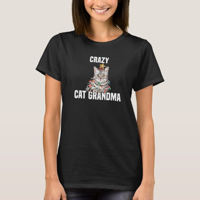 T-shirt Chat gris mignon avec lumières fées Crazy Cat Gran (Devant)