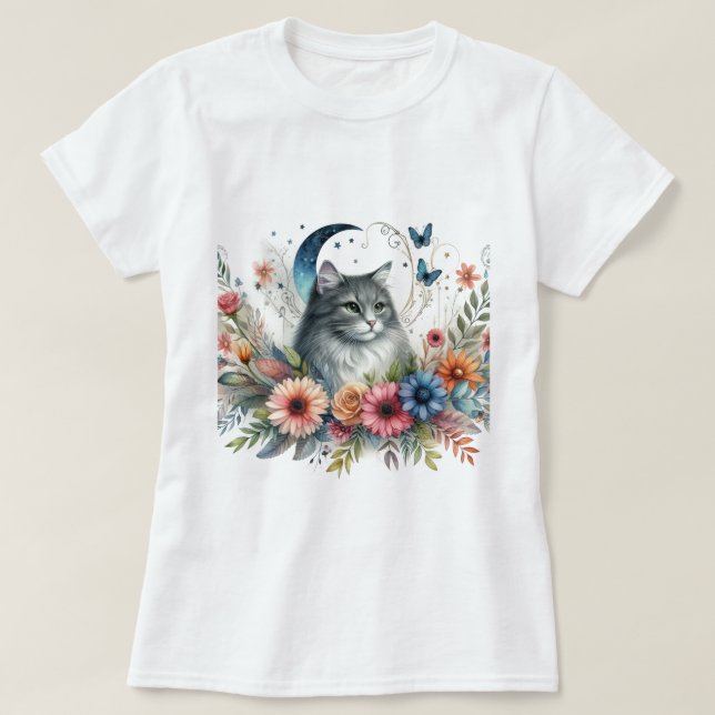 T-shirt Chat gris papillon bleu floral  (Design devant)