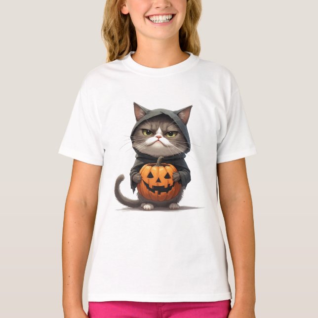 T-shirt Chat Grumpy Dans Un Costume De Sorcière Citrouille (Devant)