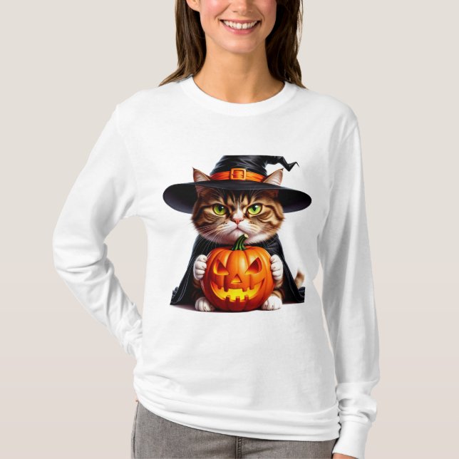 T-shirt Chat grumpy ensorcelé avec citrouille Jack O Lante (Devant)