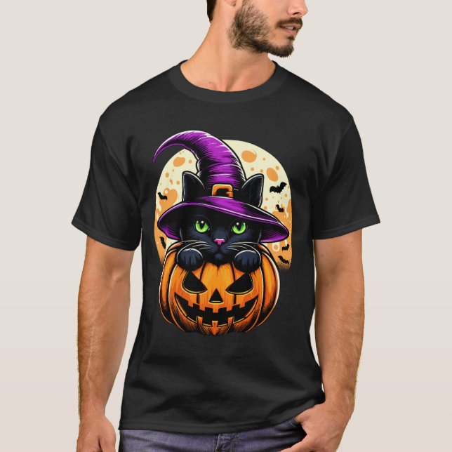 T-shirt Chat Halloween Citrouille Chat Noir Performance (Devant)
