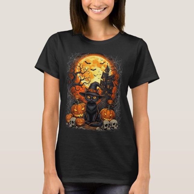 T-shirt Chat Halloween Citrouille Noir (Devant)