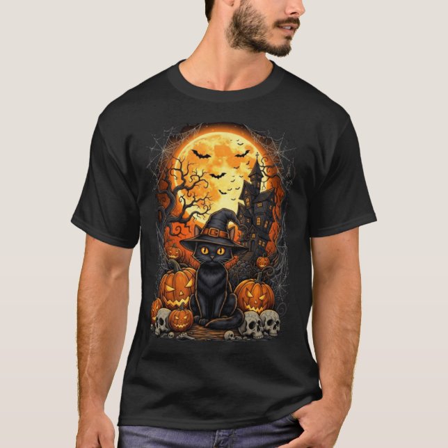 T-shirt Chat Halloween Citrouille Noir Performance (Devant)