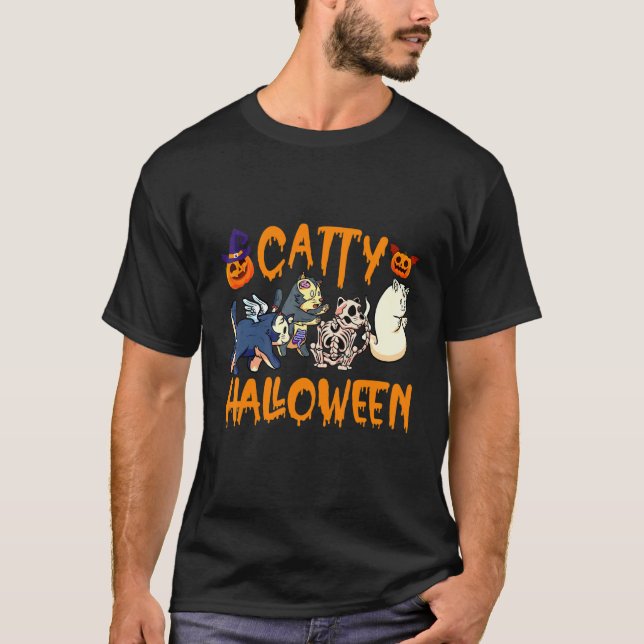T-shirt Chat Halloween félin Vêtements de chat fantôme Hal (Devant)