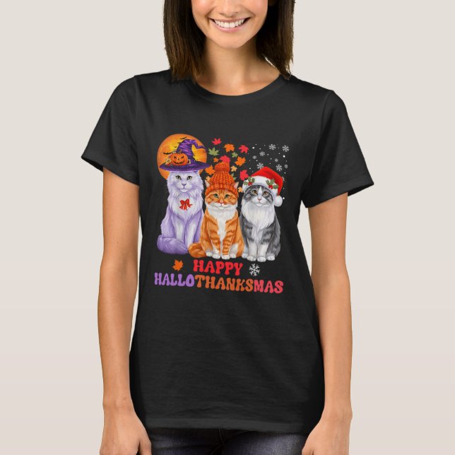 T-shirt Chat Halloween Noël Joyeux Hallothanksmans Merci (Devant)