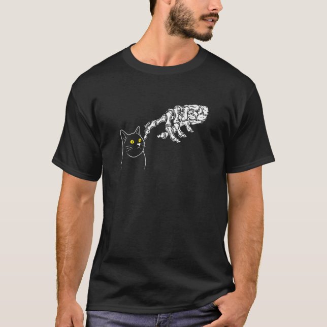 T-shirt Chat Halloween Noir Squelette Main 1 (Devant)
