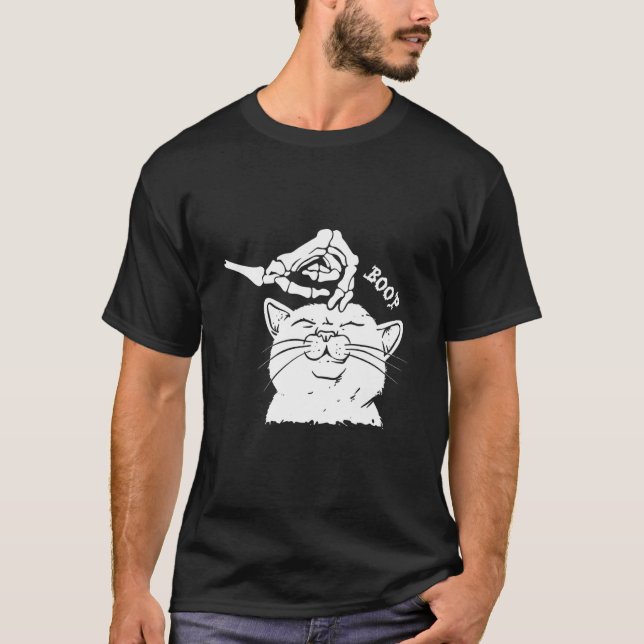 T-shirt Chat Halloween Noir Squelette Main Boop (Devant)