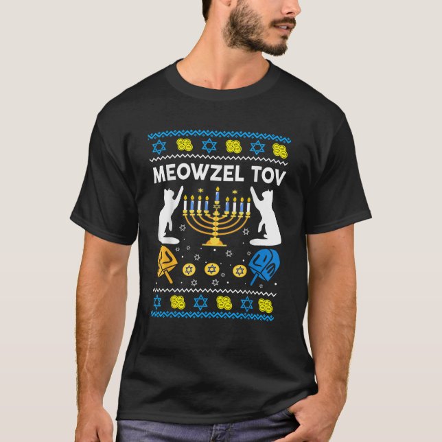 T-shirt Chat Hanoukka laide pull de Noël Meowzel Me Tov (Devant)