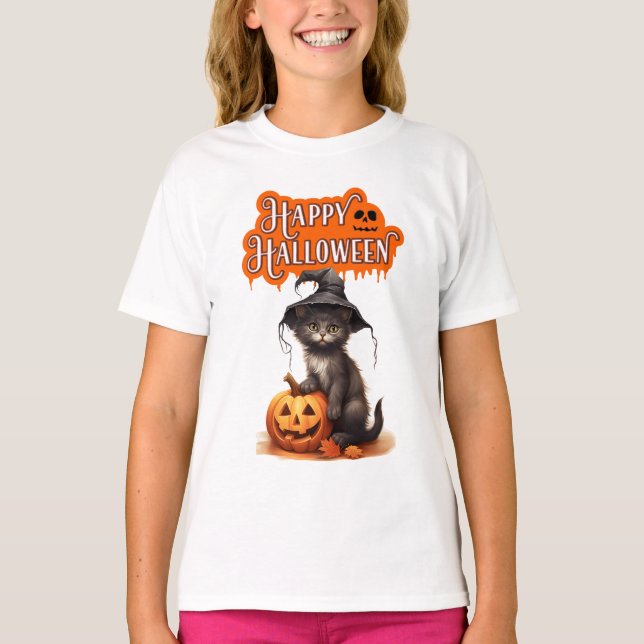T-shirt chat Happy Halloween – Dessin de chat noir (Devant)