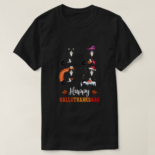 T-shirt Chat Happy Halloween Thanksgiving Noël Halloween (Design devant)