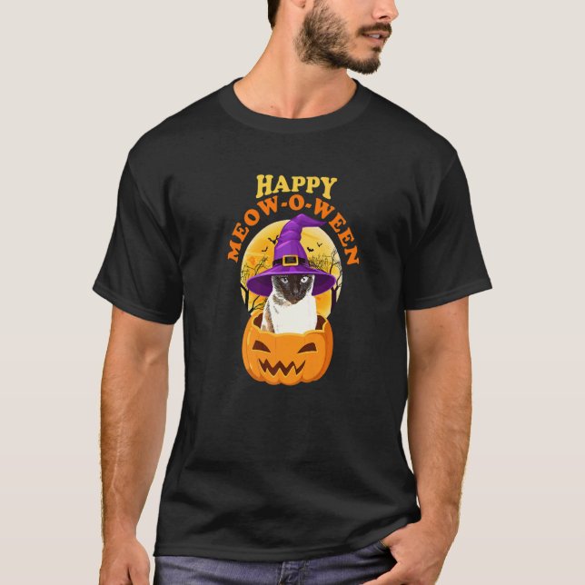 T-shirt Chat Happy Meow O Ween Witch Halloween (Devant)