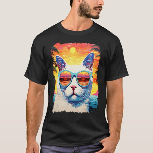 T-shirt Chat Hawaïen Pop Art Blanc (Devant)