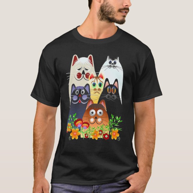 T-shirt Chat Heureux Fleurs Colorées (Devant)