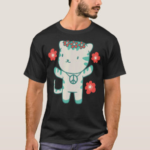 T-shirt Chat Hippie avec Fleurs et Symbole de la Paix