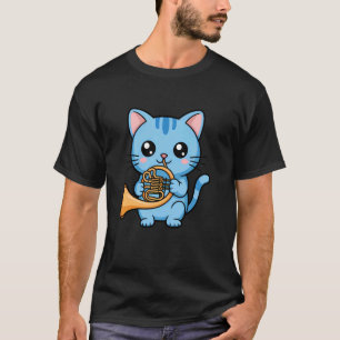 T-shirt Chat Horniste Jouant Kitten Cat Musicien Cor Franç
