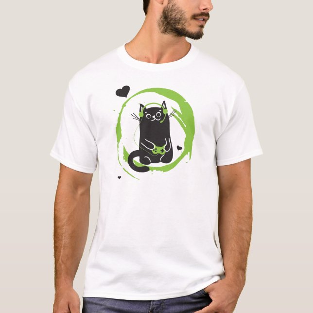 T-shirt Chat illustré de Gamer (Devant)