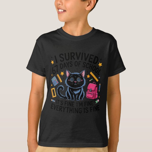 T-shirt Chat J'ai survécu 67 jours d'école Enseignants Élè (Devant)
