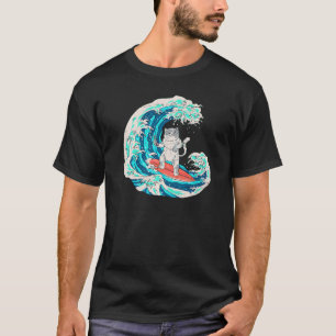 T-shirt Chat Japonais Mangeant Sushi en Surfant sur une Va