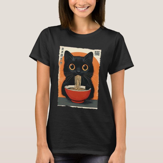 T-shirt Chat japonais mignon de l'anime mangeant du ramen (Devant)