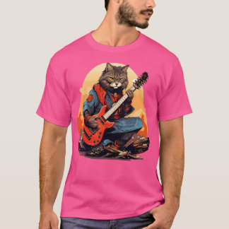 T-shirt Chat Japonais Samurai Jouant À La Guitare Électriq