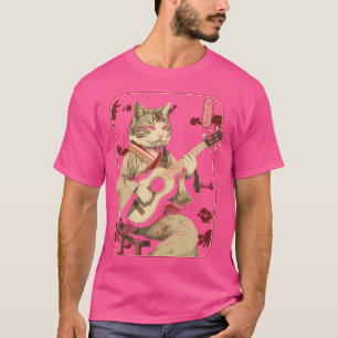 T-shirt Chat Japonais Samurai Jouant À La Guitare Électriq