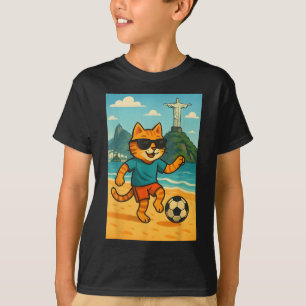 T-shirt Chat Jouant Au Football Sport Mignon Rio De Janeir