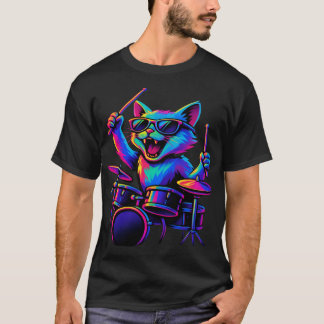 T-shirt Chat Jouant de la Batterie Avec des Lunettes de So