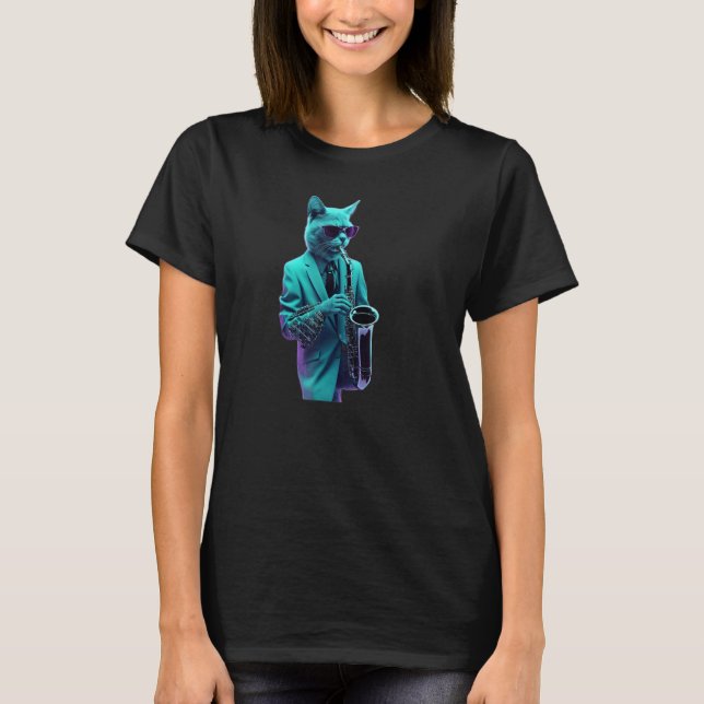 T-shirt Chat jouant du jazz au saxophone (Devant)