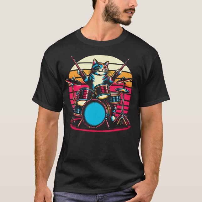 T-shirt Chat Jouer Drums Batteur Novelty Musique Amour Fun (Devant)
