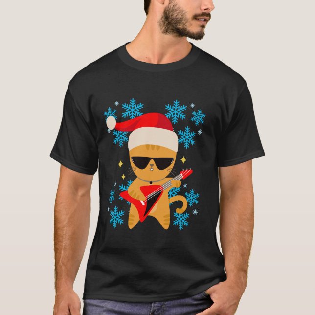 T-shirt Chat Jouer Guitare Avec Lunettes De Soleil Santa H (Devant)