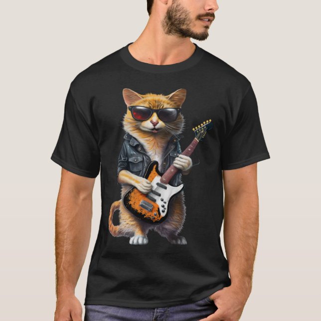 T-shirt Chat Jouer Guitare Électrique Animal Chat Guitare (Devant)