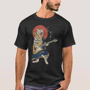 T-shirt Chat Jouer Guitare Ukiyo E Samurai Japonais Warrio