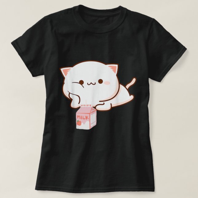 T-shirt Chat Kawaii avec du Lait Fraise (Design devant)