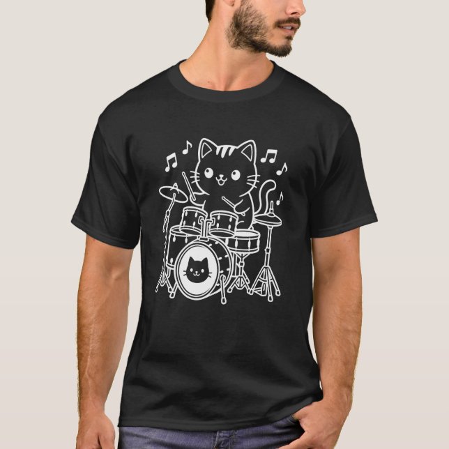 T-shirt Chat Kawaii Batteur Instrument à Percussion Manche (Devant)