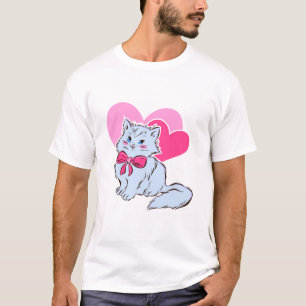T-shirt Chat Kawaii Bleu Avec Nœud Rose & Cœurs
