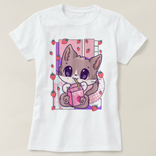 T-shirt Chat Kawaii Buvant du Lait de Fraise