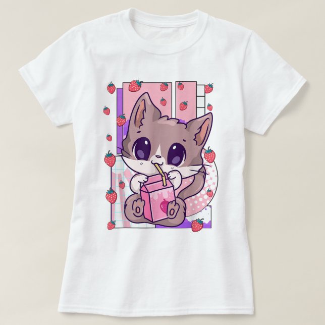 T-shirt Chat Kawaii Buvant du Lait de Fraise (Design devant)