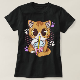 T-shirt Chat Kawaii Buvant du Thé Boba