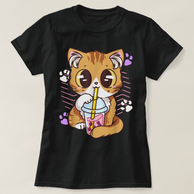 T-shirt Chat Kawaii Buvant du Thé Boba (Design devant)