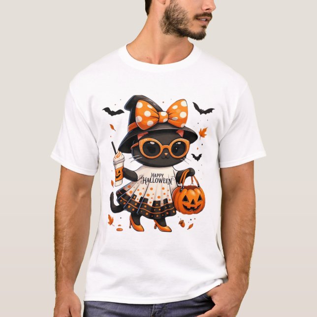 T-shirt Chat Kawaii Halloween � Chat Sorcière avec Citroui (Devant)