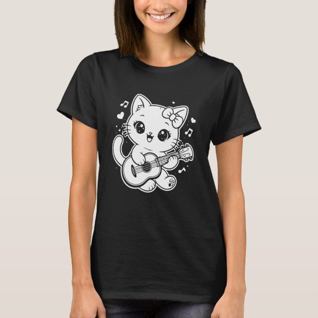 T-shirt Chat Kawaii Jouant au Ukulele Manches Longues (Devant)