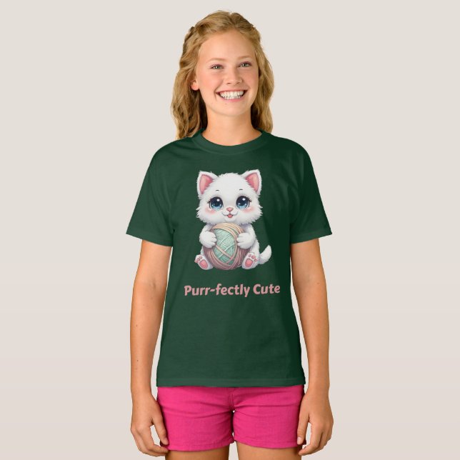 T-shirt Chat Kawaii Mignon à Croquer Avec de la Laine (Devant entier)
