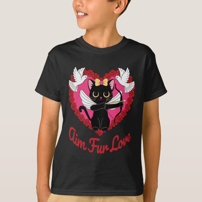 T-shirt Chat Kawaii Noir Cupide Avec Coeur Et Fourrure De  (Devant)