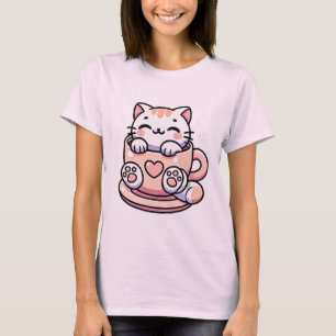 T-shirt Chat Kawaii Sleeping en Teacup Cute Aesthétique