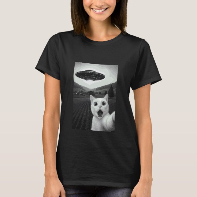 T-shirt Chat Khao Manee Selfie Drôle Abduction Alien Mème  (Devant)
