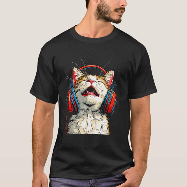 T-shirt Chat Kitty Drôle Vibrant Écoute de la Musique (Devant)